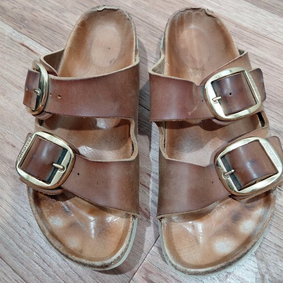 Birkenstock Womens Arizona Big Buckle Gold Sandals Size 38 - Picture 1 of 8